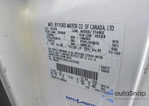 2003 Ford F-150 Lightning z USA, uszkodzony, nr VIN 2FTRF07383CA75550